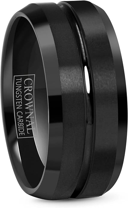 CROWNAL 4mm 6mm 8mm 10mm Black Tungsten Wedding Band Ring Men Women Beveled edges Polished Grooved Center Comfort Fit Size 4 To 17