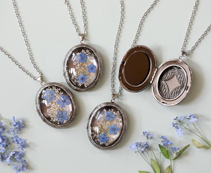Handmade Oval Shaped Photo Locket with dried Pressed Flowers Locket pendant Necklace