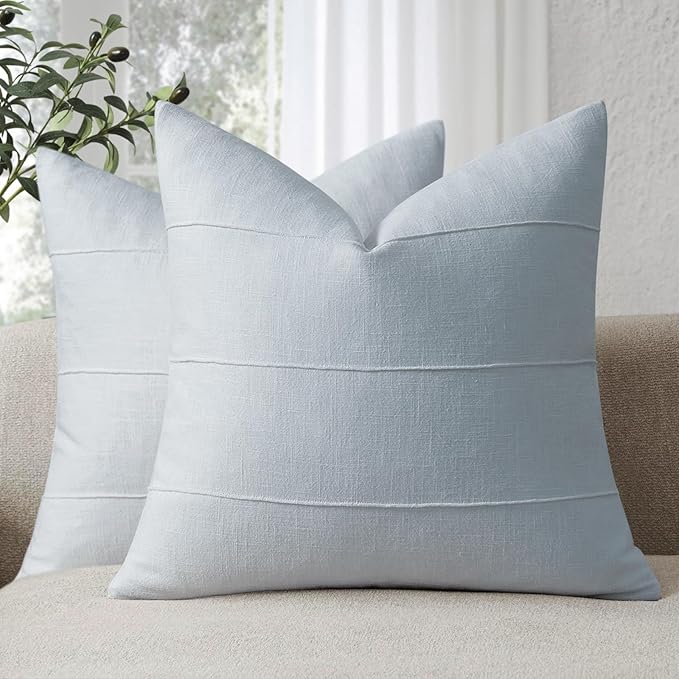 ZWJD Decorative Linen Throw Pillow Covers 22x22 Set of 2 Solid Handcrafted Striped Cushion Covers for Bed Soft Modern Farmhouse Neutral Pillowcase for Couch Bedroom Living Room Home Decor(Sky Blue)