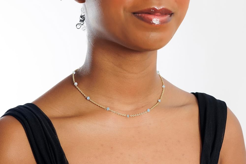 Aquamarine Necklace for Women, Premium Beaded Gold Necklaces for Women - Tarnish Free 18K Gold Vermeil Certified S925 Classic Statement Necklace Gold Jewelry for Women - Mothers Day Gifts for Mom Wife