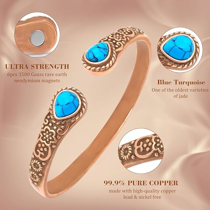 Copper Clasp for Women Magnetic Bracelet with 6 Powerful Magnets Vintage Flower Copper Bracelet with 2 Turquoise, Adjustable Cuff Elegant Jewelry Gift for Mom Wife
