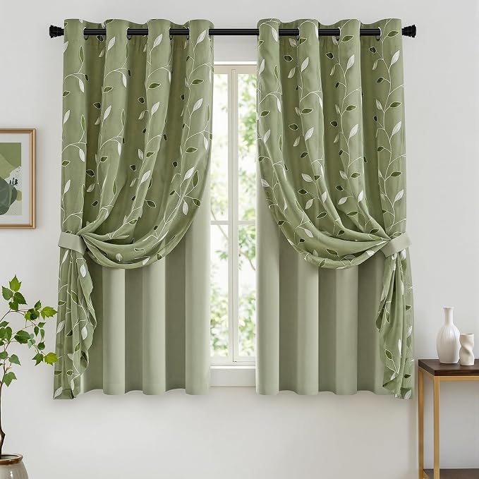 MIULEE Sage Green Double Layer Curtains 63 Inches Long, Leaf Patterned Sheer Floral Drapes and Blackout Room Darkening Window Curtains for Living Room Bedroom, Grommets Top, 52" W x 63" L, 2 Panels