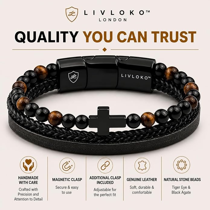 LONDON Mens Bracelet Leather Black Multi-Layer Stone Beads Adjustable Steel Clasp Viking Rope Bands Surfer Man Wristband Male UK Jewellery Gift box Boyfriend Dad Son Brother Tiger Eye
