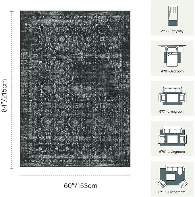 Rugxara Black Rug 5x7 Area Rugs Washable Rug for Living Room Bedroom | Non Slip, Rug for Dining Room Office Farmhouse Dorm, Stain Resistant, Soft, Vintage Boho Retro Carpet, Low Pile, Home Decor