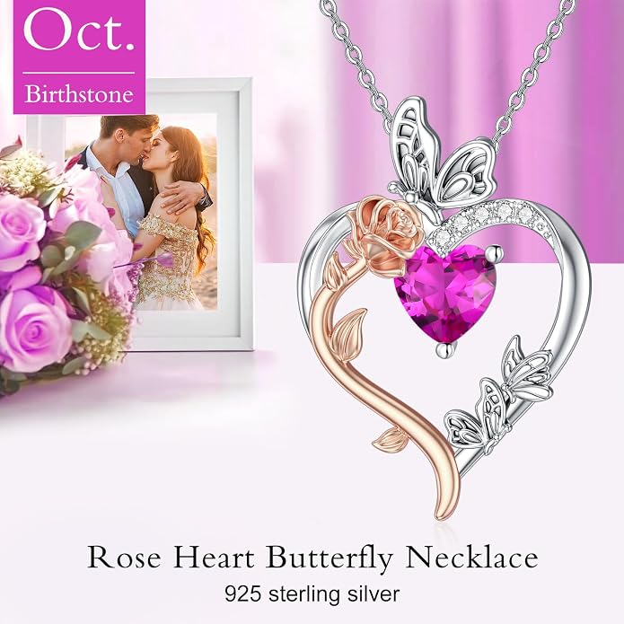 TOUPOP Rose Heart Birthstone Necklace 925 Sterling Silver Heart Butterfly Pendant Love Jewelry Birthday Gifts for Women Wife Mom Her