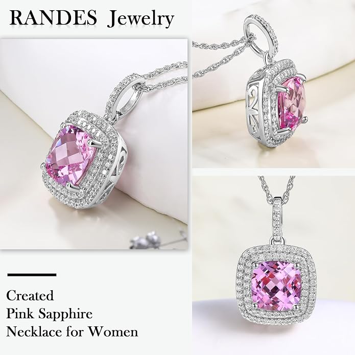 Birthstone Necklace for Women 925 Sterling Silver Cushion/Pear Cut Created Gemstone Halo Pendant Necklace Birthstone Jewelry