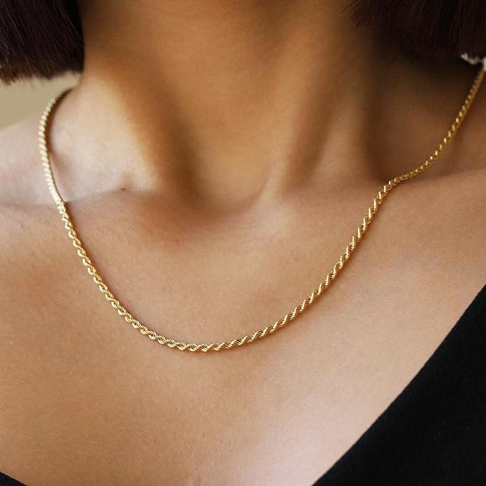 Gold Herringbone Necklace For Women - Rope Chork,Flat Snake Chain Necklaces in 18K Gold & White Gold Plated Tone - Simple Daily Jewelry-Tarnish Free-16-18in