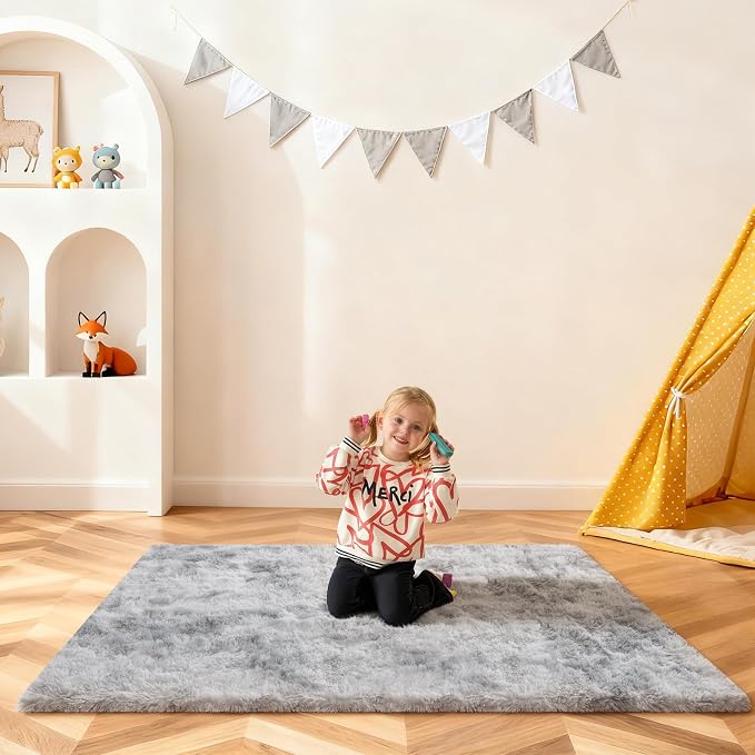 4x6 Rugs for Bedroom, Fluffy Area Rugs for Living Room, Small Fuzzy Shag Soft Non-Slip Carpet for Kids Girls and Boys Nursery Dorm Indoor Room Home Decor (4ft x 6ft, Tie-Dyed Grey)