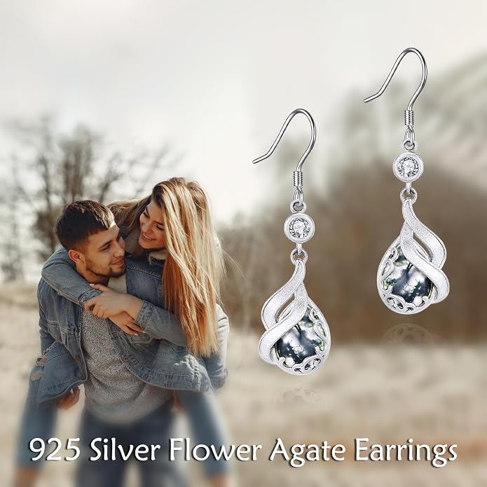 AOBOCO Teardrop Dangle Earrings for Women 925 Sterling Silver Moonstone Flower Filigree Leverback Jewelry Birthday