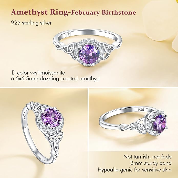 DAYBYDAY Celtic Birthstone Rings for Women 925 Sterling Silver Heart/Round/Pear/Oval Created Gemstone Moissanite Halo Engagement Promise Rings for Her Wife Birthday Anniversary Wedding Jewelry