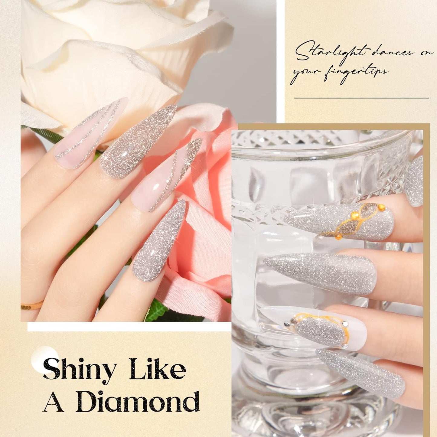 MIZHSE Reflective Gel Nail Polish, Glitter Silver and Gold Gel Polish 2 Colors, Sparkle Shiny Diamond Nail Gel Manicure Set Nail Art at Home Salon 10ML