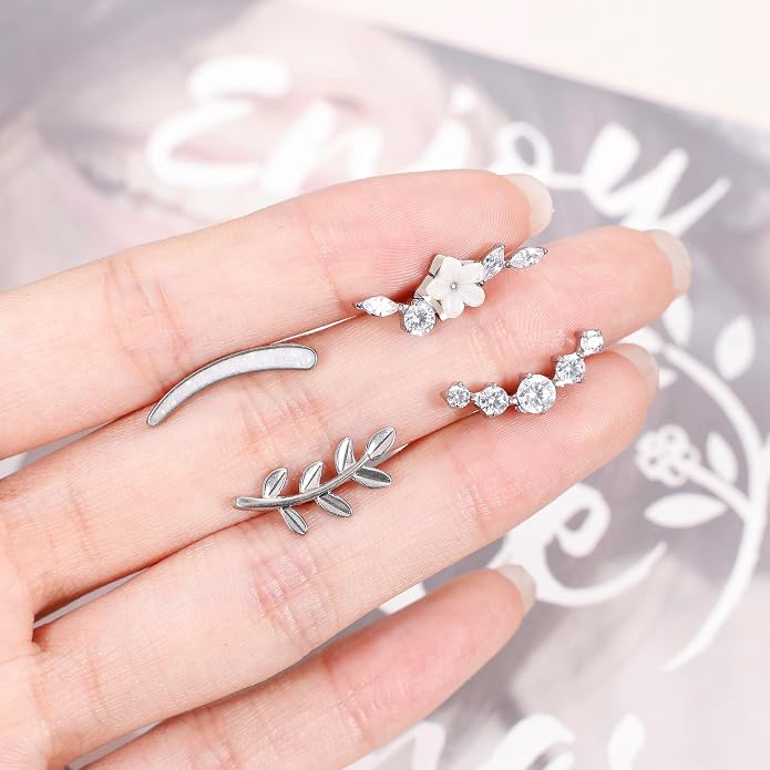 NICEIGHT 4Pcs 16G G23 Titanium Cartilage Earrings for Women Titanium Threadless Push in Cartilage Earring Stud for Sensitive Ear Flower Opal CZ Conch Earrings Flat Back Conch Piercing 6/8/10MM Bar