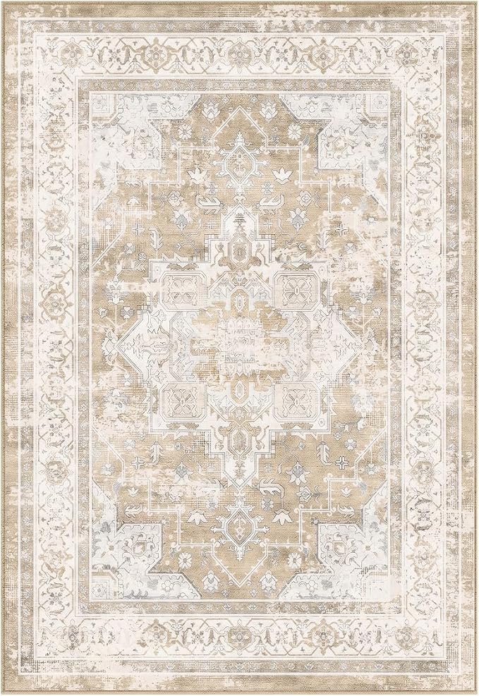 4x6 Area Rug for Living Room-Vintage Farmhouse Boho Floral Neutral Washable Stain Resistant Indoor Carpet for Bedroom Office and Home Decor(Beige&Brown)