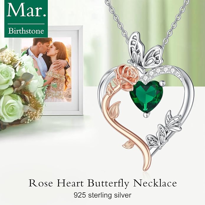TOUPOP Rose Heart Birthstone Necklace 925 Sterling Silver Heart Butterfly Pendant Love Jewelry Birthday Gifts for Women Wife Mom Her