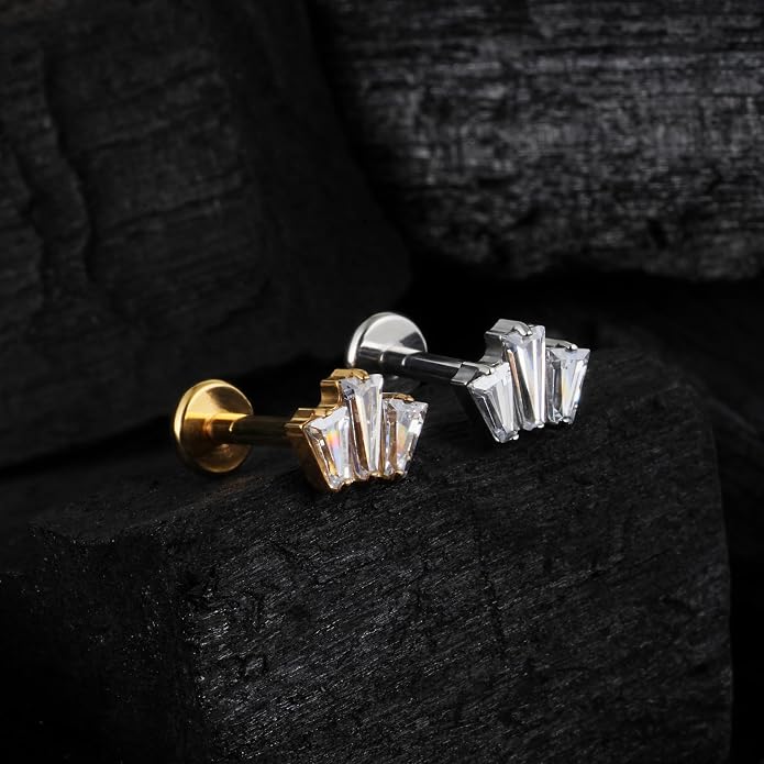 FINE4U 1PC 16G Gold Cartilage Earring 6mm 8mm - ASTM F136 Titanium Piercing Jewelry for Tragus, Helix Conch, Internally Threaded