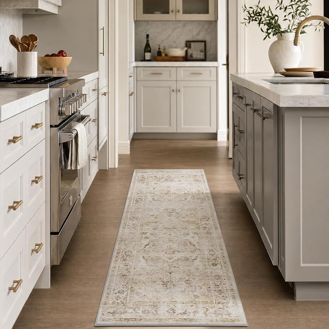 AMOAMI-2X6 Runner Rug-Washable Runners for Hallways-Soft Non Slip Bedside Rugs for Bedroom-Vintage Long Rug for Hallways Entryway Laundry Room Stair Kitchen Bathroom Beige