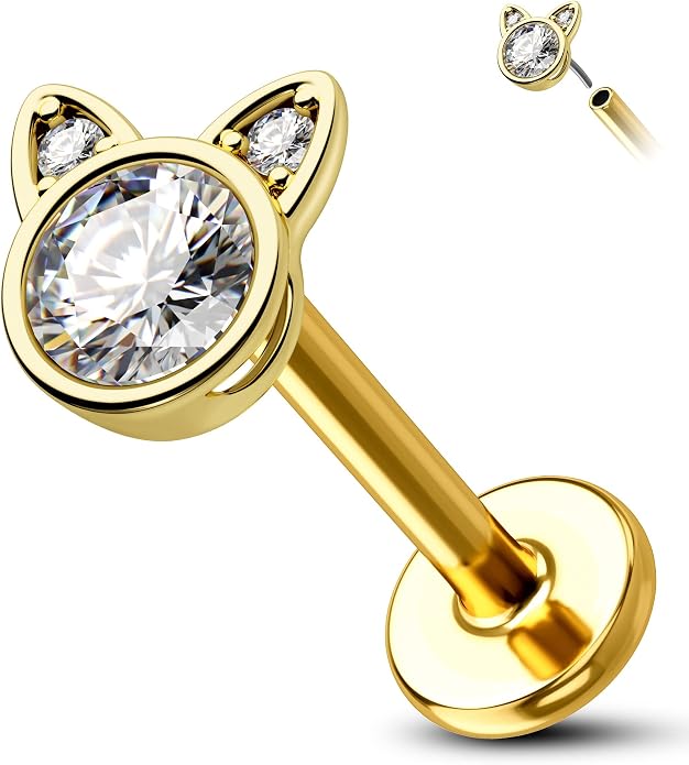 COCHARM 14K Gold Threadless Helix Cartilage Tragus Earring Stud, 16g Cat 14K Real Gold Tragus Labret Stud Flat Back, 14Kt Push Pin Helix Cartilage Piercing Jewelry
