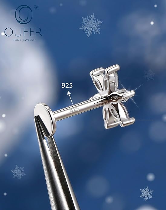 OUFER 16G Flower CZ Internally Threaded Flat Back Helix Stud 925 Sterling Silver 6/8mm Cartilage Tragus Nose Conch Daith Labret Medusa Piercing Jewelry