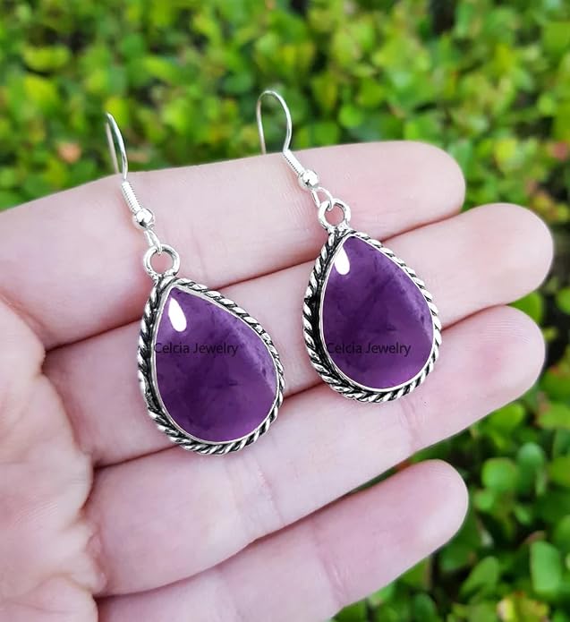 Pure 925 Sterling Silver Dangle Drop Earrings for Women, Pear Gemstone Handcrafted Earrings for Women & Girl ('Amethyst)