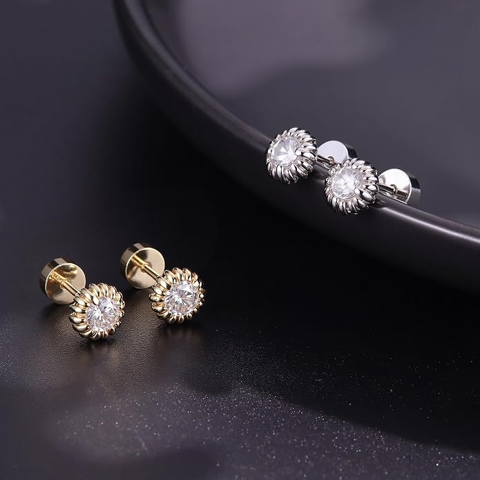 GEMQUEEN Moissanite Earrings Studs Flat Back Earrings Hypoallergenic - 14K Gold Plated Sterling Silver Earring for Women Men Small Dainty Cartilage Helix Piercing Jewelry D Color VVS1