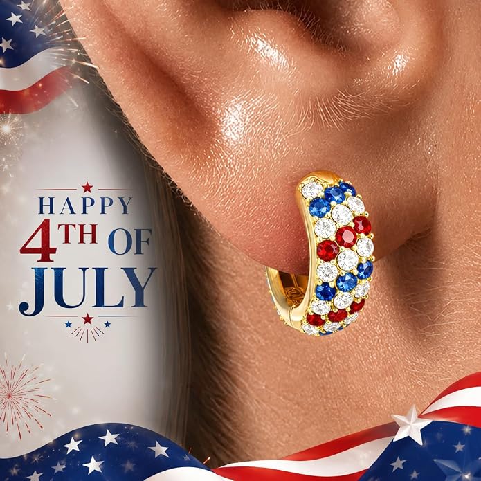 4th of July Patriotic Hoop Earrings for Women, 14K Gold Plated Red White Blue Cubic Zirconia Chunky Small Huggie Hoops, 250th Anniversary USA Flag Independence Day Hypoallergenic Jewelry Gifts