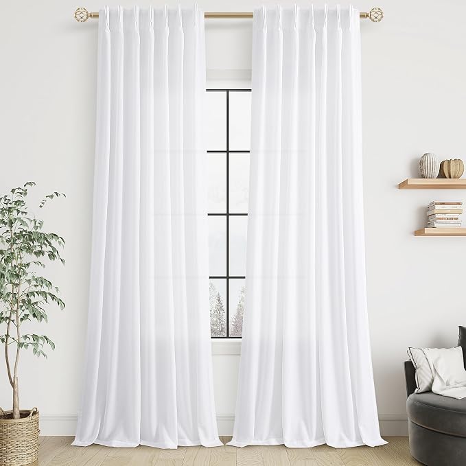 White Linen Curtains 102 Inches Long for Living Room Pinch Pleated Curtain Drape with Hooks for Track System Back Tab Light Filtering Cotton 102 Inch Curtain 2 Panels for Bedroom Sliding Patio Door
