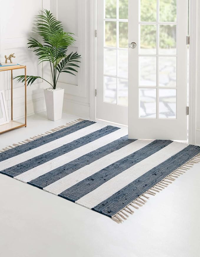 Unique Loom Chindi Rag Collection Area Rug - Striped (5' 1" Square, Navy Blue/ Ivory)