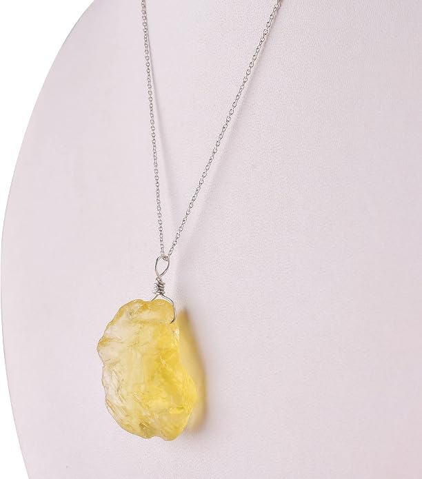 Natural Raw Lemon Quartz Stone Rough Crystal Gemstone Dainty Women Pendant Necklace, Chakra Healing Crystals, Birthstone, Gift, Rhodium Plated 925 Sterling Silver Chain 18 inch