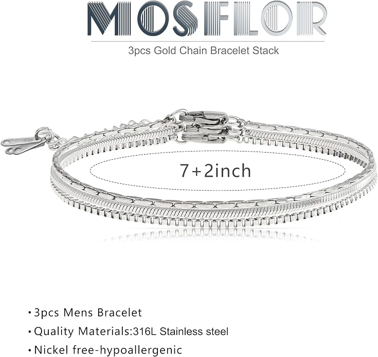 Mens Bracelet - Dainty Gold/Silver Chain Bracelet Stack 14K Gold Plated Silver Bracelets for Men Stainless Steel Adjustable Cross Charm Cuban Link Bracelet Snake Jewelry Set to Men Dad Birthday Day