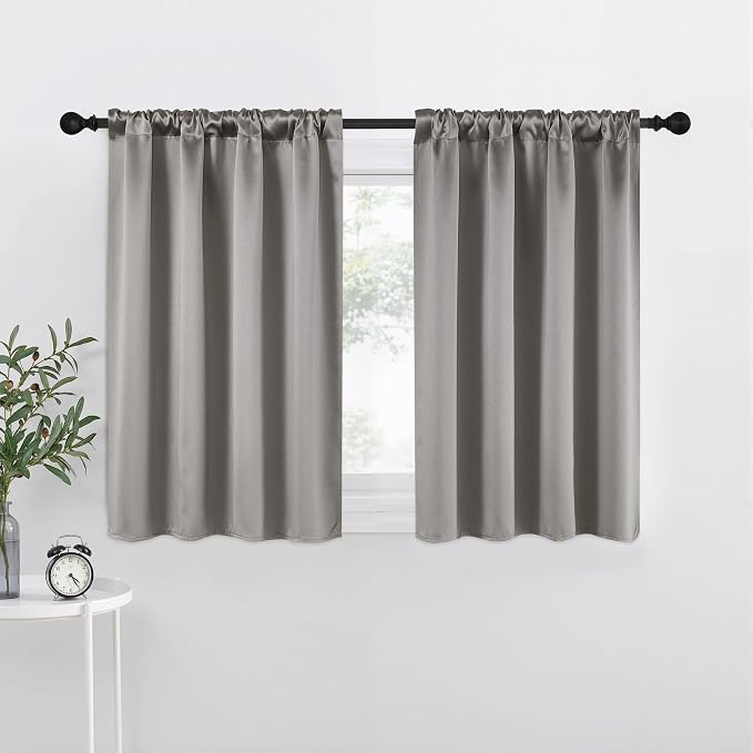 NICETOWN Room Darkening Cafe Satin Curtains for Small Windows, 42" Wide by 36" Long, 2 Panels, Chrome Gray, Rod Pocket Privacy Blackout Drapes for Laundry Room