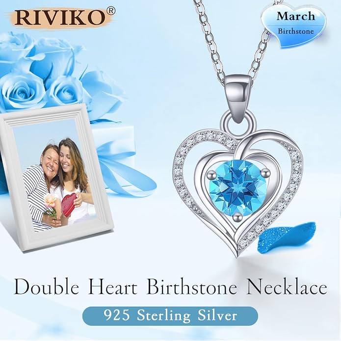 RIVIKO Heart Birthstone Pendant Necklace for Women 925 Sterling Silver Zirconia Necklaces Valentine's Day Anniversary Birthday Mothers Day Jewelry Gifts For Her Mother Wife