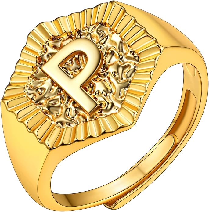 KeyStyle Bold Initial Letter Rings Adjustable, GoldChic Jewelry Women Gold Statement Ring Personalized Engraved Women’s Open Signet Ring for Party (Gold, White Gold, Black)