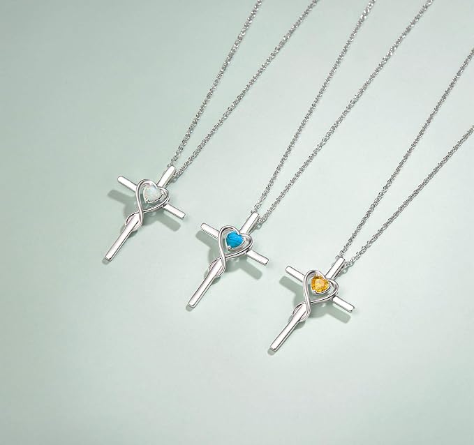 FANCIME Birthstone Cross Necklace for Women Birthstone Necklace Heart Infinity Cross Pendant Necklace Fine Jewelry Christmas Birthday Holiday Gifts for Her, 16"+2" Inches