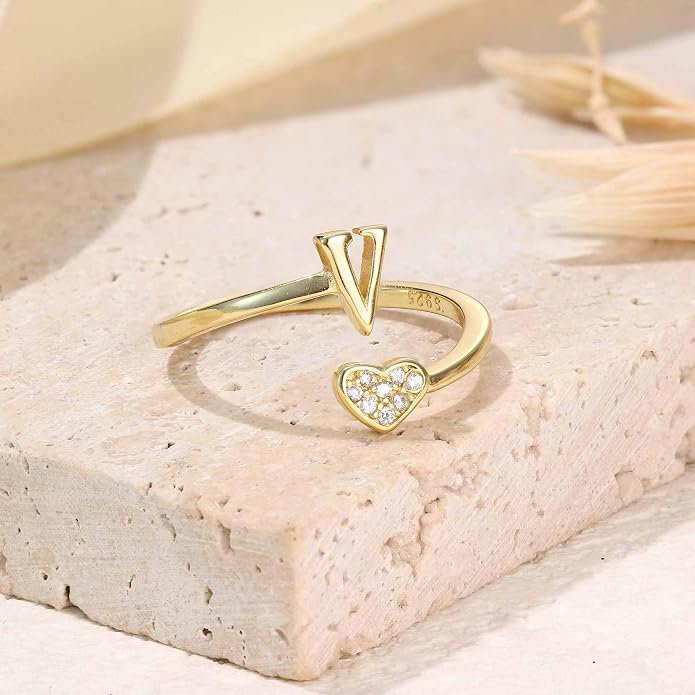 MILACOLATO 925 Sterling Silver Initial Rings for Women Teen Girl 18K Gold Plated Heart Initial Rings Adjustable Capital Letter Ring Stackable Thumb Pinky Rings for Daughter Birthday Bridesmaid Gifts Jewelry, A to Z