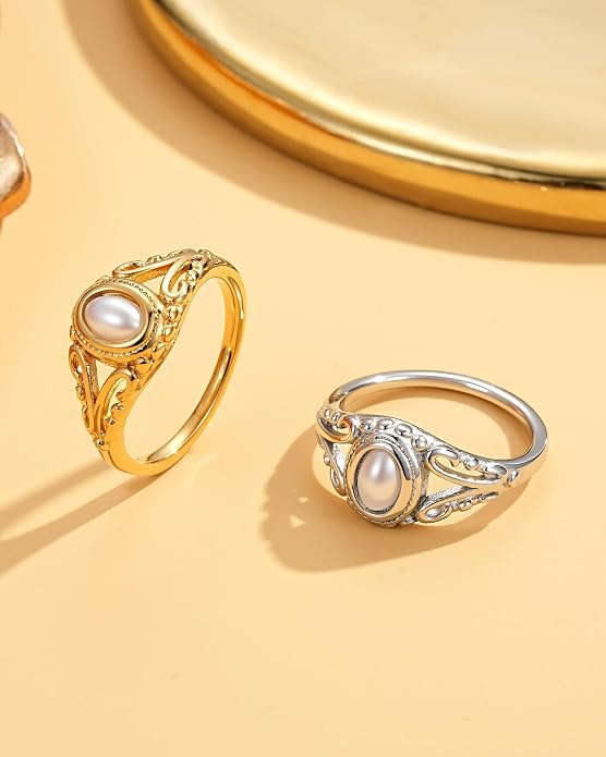 YeGieonr Non Tarnish Gold Signet Rings for Women - Waterproof 18K Gold Plated Stainless Steel Pearl Ring, Statement Ring for Everyday Wear