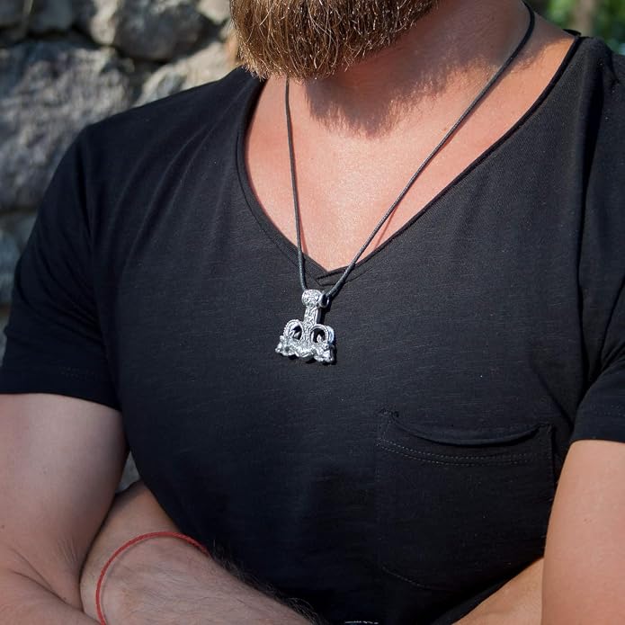 Large Thor Hammer Mjolnir Necklace 925 Sterling Silver - Odins Viking Pendant with Thors Goats and Runes - Mens Pagan Nordic Norse Mythology Jewelry for Men - Handmade - 1oz (27 g)