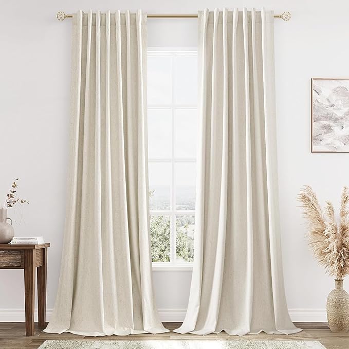 Guken 100% Blackout Linen Curtains 112 Inch Wide by 52 Inch 2 Panels Set for Living Room Bedroom Back Tab Thermal Insulated Black Out Drapes Room Darkening Window Curtains, Linen