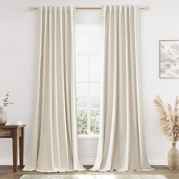 Guken 100% Blackout Linen Curtains 98 Inch Long by 52 Inch Wide 2 Panels Set for Living Room Bedroom Back Tab Thermal Insulated Black Out Drapes Room Darkening Window Curtains, Linen