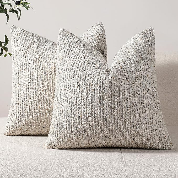 DEZENE Striped Throw Pillow Covers 16x16 Set of 2 Cream Grey Textured Boucle Chic Morden Boho Accent Farmhouse Square Decorative Couch Pillow Covers for Home Decor Bed Sofa Living Room