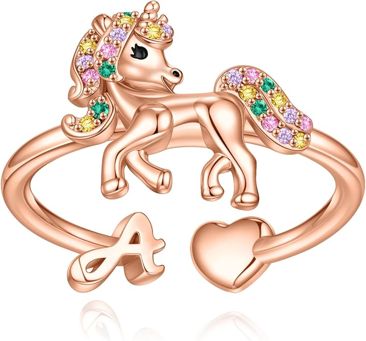 Unicorn Initial Rings for Teen Girls, Rose Gold/White Gold Plated Heart Initial Rings for Girls Adjustable Stackable Rings for Women Diny Heart Ring for Teen Girls Gifts Unicorns Gifts for Girls