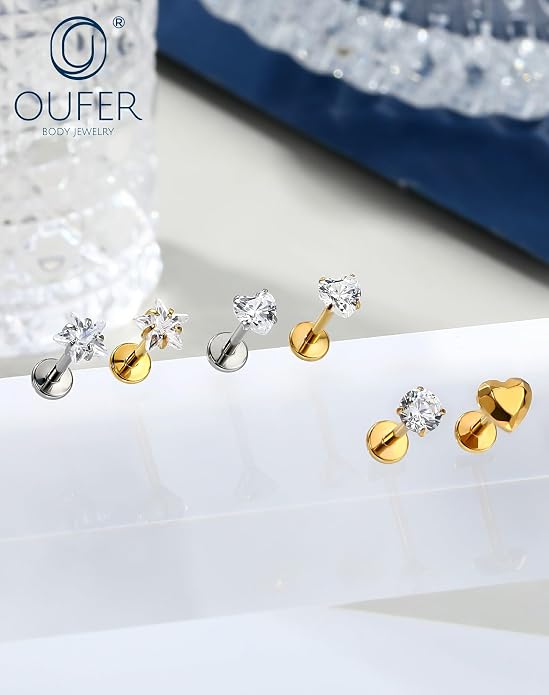 OUFER 18G 6/7/8MM Flat Back Cartilage EarRings-3PCS Gold Titanium Extended Internally Threaded Lip Piercing 2/3/4MM Round Clear CZ Helix Piercing Jewelry