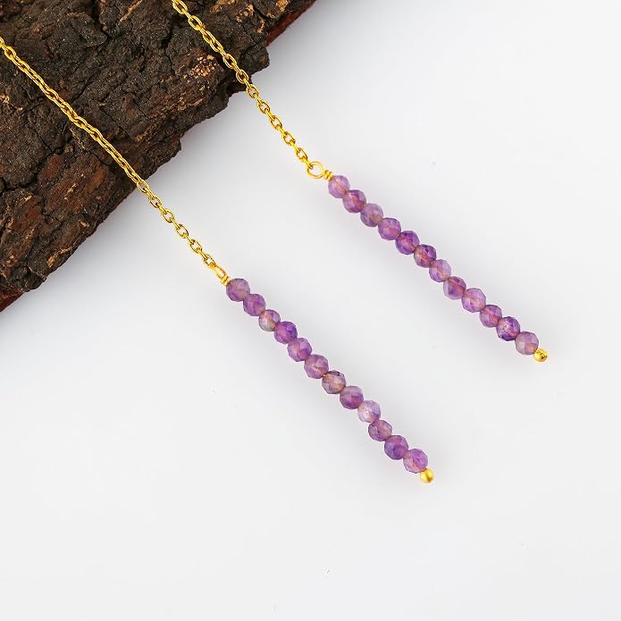 Natural Gemstone Threader Earrings for Women - Dainty 2mm Faceted Beads - Birthstone Crystal Drop Earrings - Silver Plated Healing Jewelry