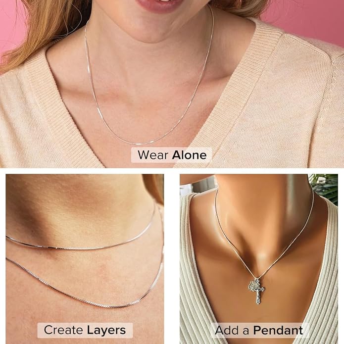 925 Sterling Silver Italian Box Chain Necklace - Secure Clasp, Perfect for Layering - Durable Necklace & Bracelet Chains for Everyday & Special Occasions