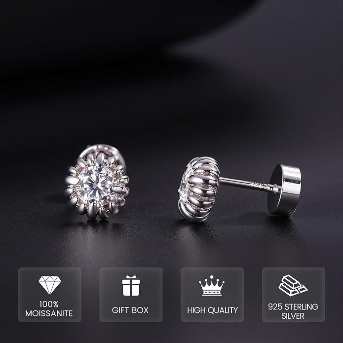 GEMQUEEN Moissanite Earrings Studs Flat Back Earrings Hypoallergenic - 14K Gold Plated Sterling Silver Earring for Women Men Small Dainty Cartilage Helix Piercing Jewelry D Color VVS1