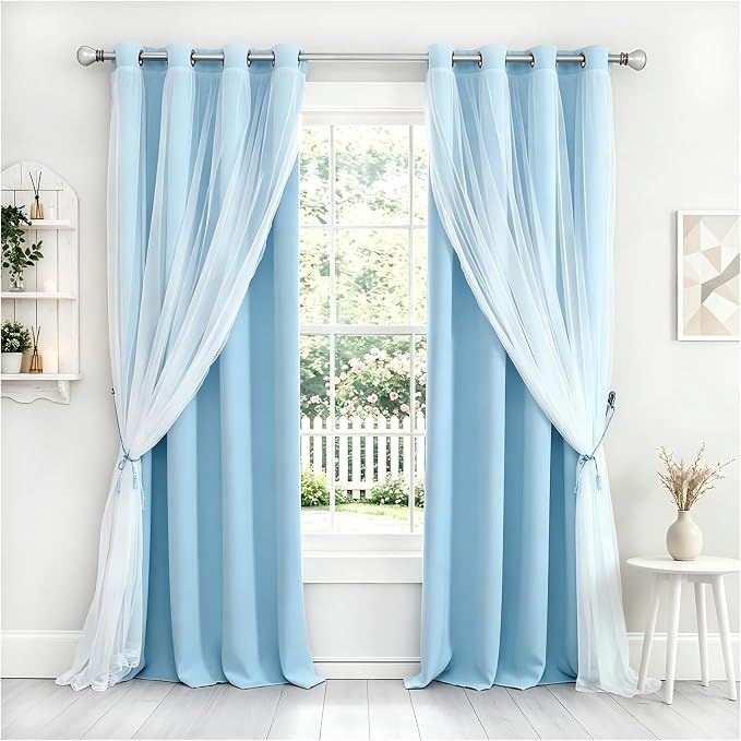 Blue Curtains 90 inch Length 2 Panels Set - Double Layered Blackout Curtain Drapes with White Sheer Voile and Lace Hem for Kids/Girls Bedroom Living Room Nursery (52x90 inch, Sky Blue)