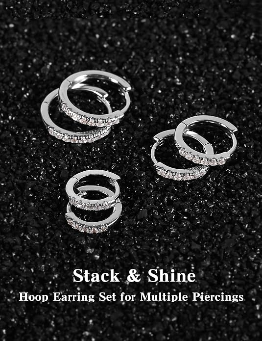 3 Pairs Small Huggie Hoop Moissanite Earrings for Women Men, Hypoallergenic 925 Sterling Silver Cartilage Earrings, Gifts Jewelry Set