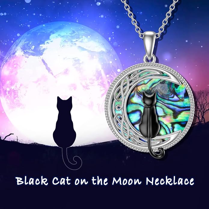 TOUPOP Cat Necklace Sterling Silver Abalone Shell Celtic Cat on the Moon with Abalone Shell Birthday Christmas Jewelry Gifts for Women