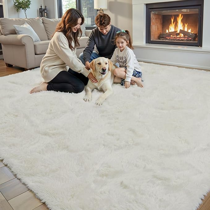 Area Rugs 9x12 Living Room, Large Area Rug Shaggy Carpet Soft Plush Furry Bedside Rug, Machine Washable Area Rugs for Bedroom Home Decor Non-Slip(9 x 12, Cream)