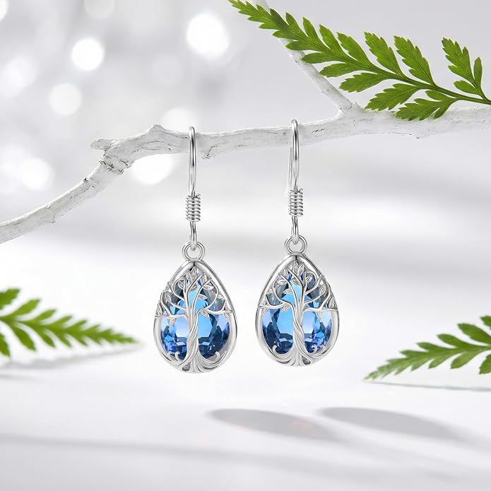 Eusense Sterling Silver Dangle Earrings for Women Tree of Life Animals Moonstone Turquoise Leverback Earrings Jewelry Gifts