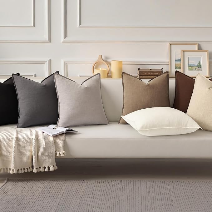 decorUhome Fall Light Brown Linen Throw Pillow Covers 16x16 Set of 2 | Decorative Soft Cozy Modern Farmhouse Boho Accent Pillow Cases with Flange Edges for Couch Bed Sofa Living Room Home Decor